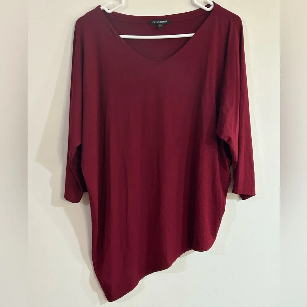 Eileen Fisher Burgundy Red Dolman 3/4 Sleeve Bias Hemline Scoop Neck Medium - Picture 2 of 7